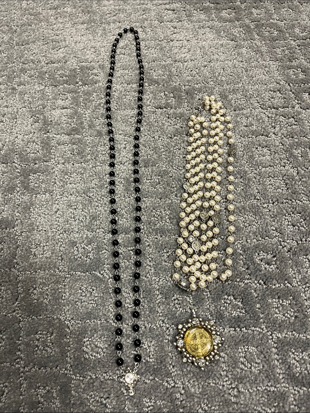 Virgins Saints & Angels Black Bead Necklace with Gold Pendant